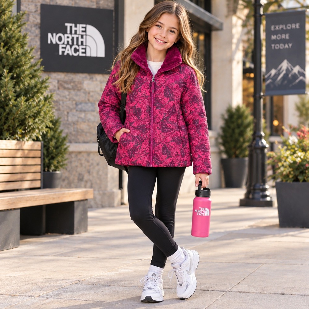 THE NORTH FACE Kids Girls Fleece Jacket XL Pink Butterfly Reversible Mossbud